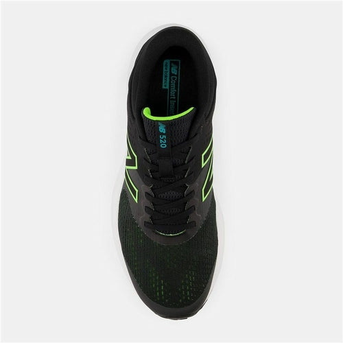 Black New Balance 520v7 men's running sneakers, Raw-Movement brand, showing side view with supportive design and textured sole.