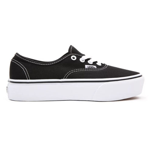 Black women's casual platform sneakers by Vans, featuring a sleek design and comfortable style from Raw-Movement.